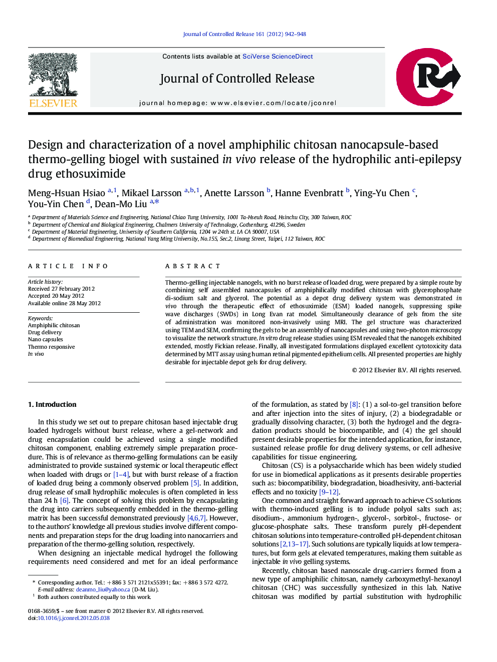 Design and characterization of a novel amphiphilic chitosan nanocapsule-based thermo-gelling biogel with sustained in vivo release of the hydrophilic anti-epilepsy drug ethosuximide