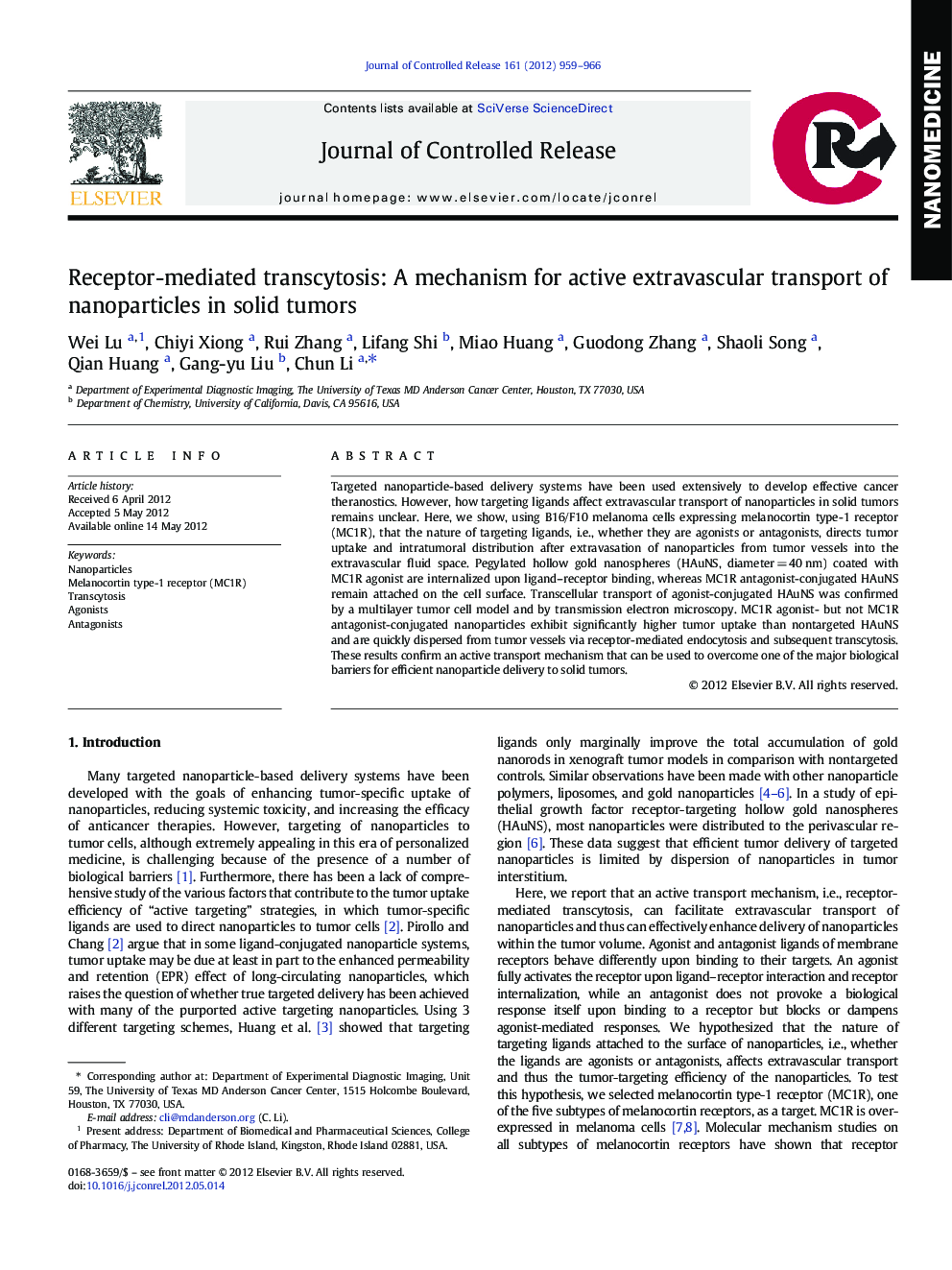 Receptor-mediated transcytosis: A mechanism for active extravascular transport of nanoparticles in solid tumors