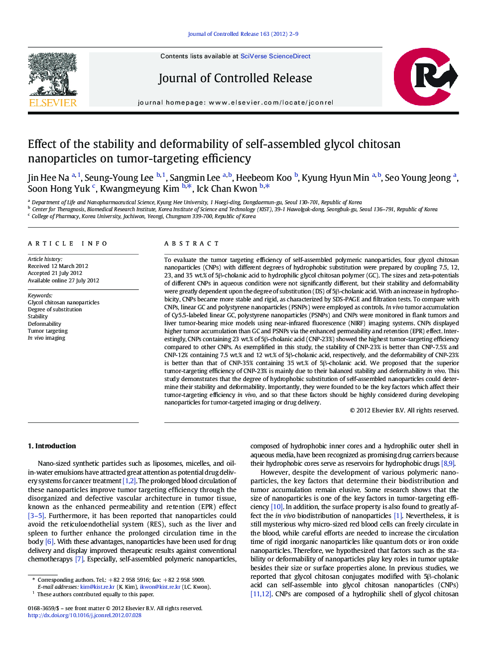 Effect of the stability and deformability of self-assembled glycol chitosan nanoparticles on tumor-targeting efficiency