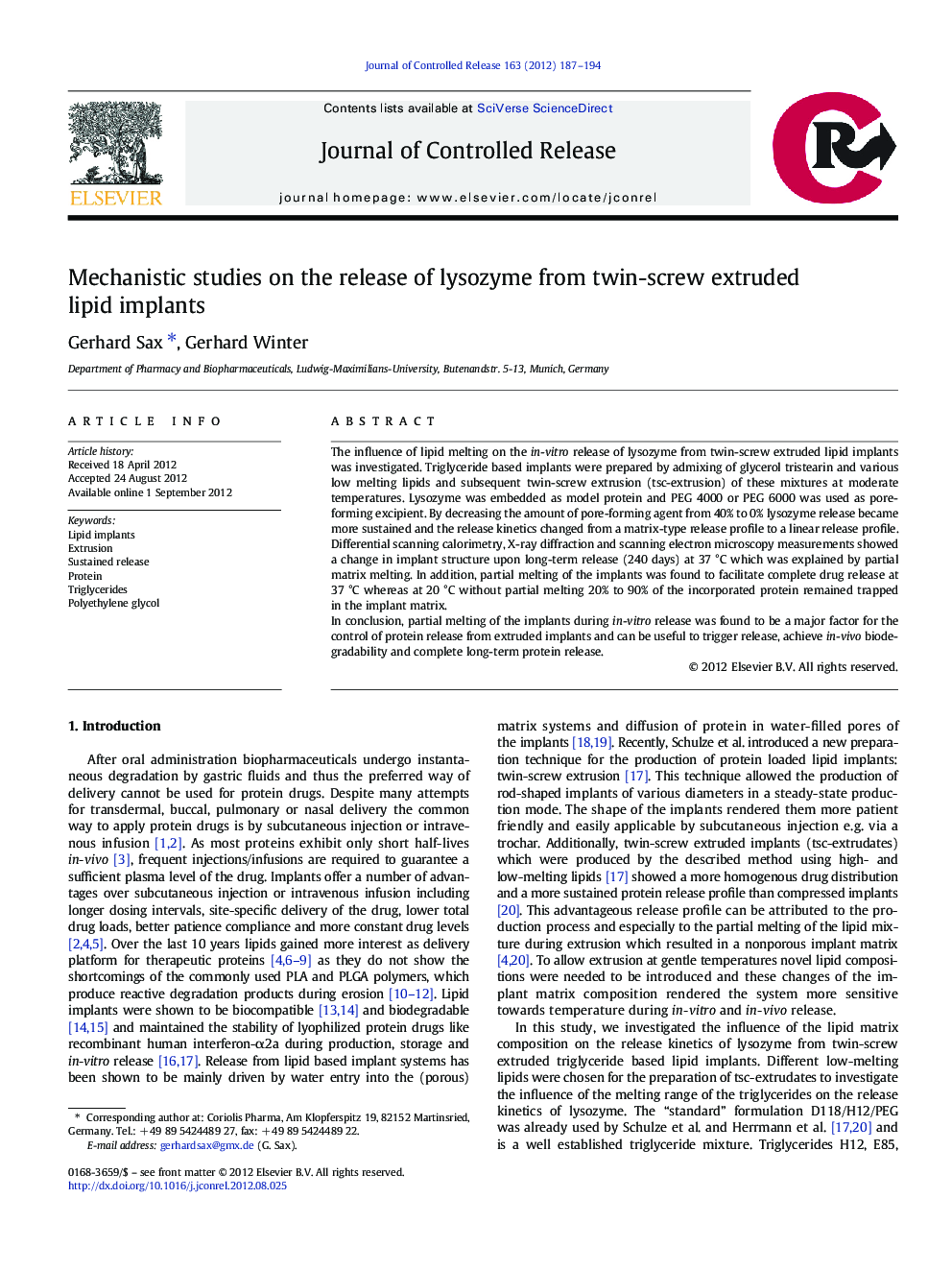 Mechanistic studies on the release of lysozyme from twin-screw extruded lipid implants