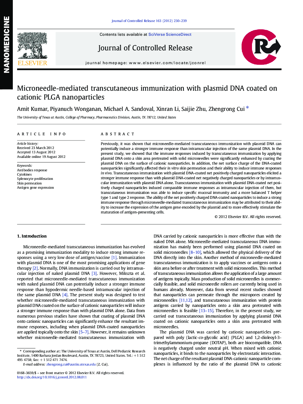 Microneedle-mediated transcutaneous immunization with plasmid DNA coated on cationic PLGA nanoparticles