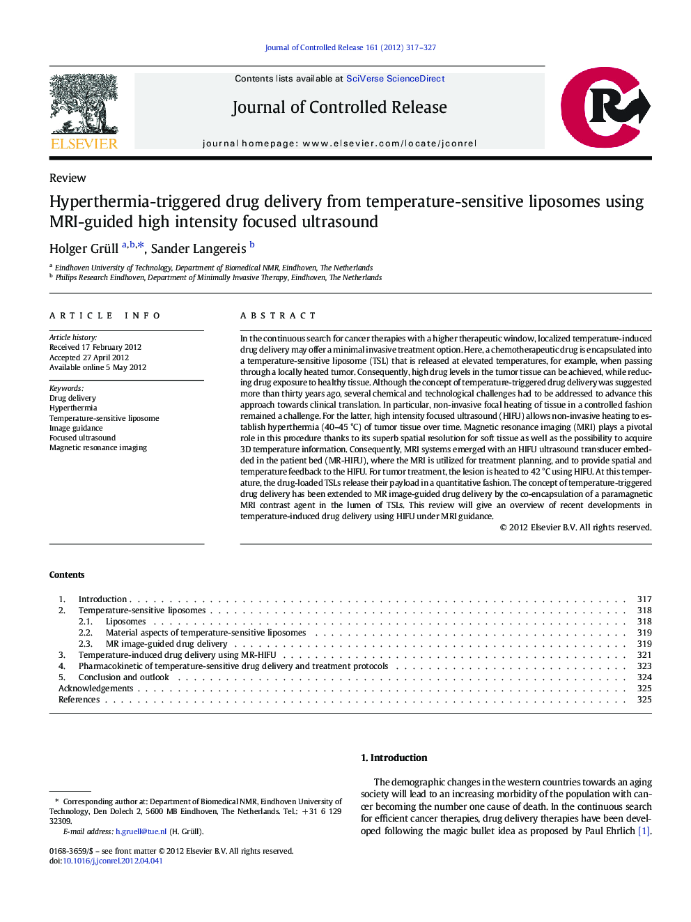 Hyperthermia-triggered drug delivery from temperature-sensitive liposomes using MRI-guided high intensity focused ultrasound