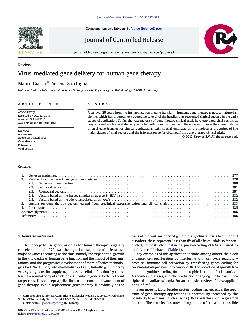 Virus-mediated gene delivery for human gene therapy