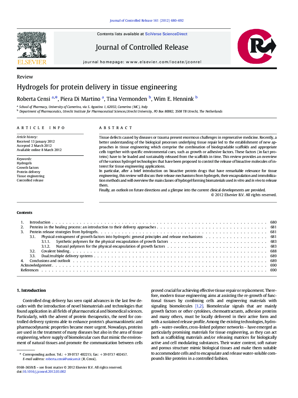 Hydrogels for protein delivery in tissue engineering