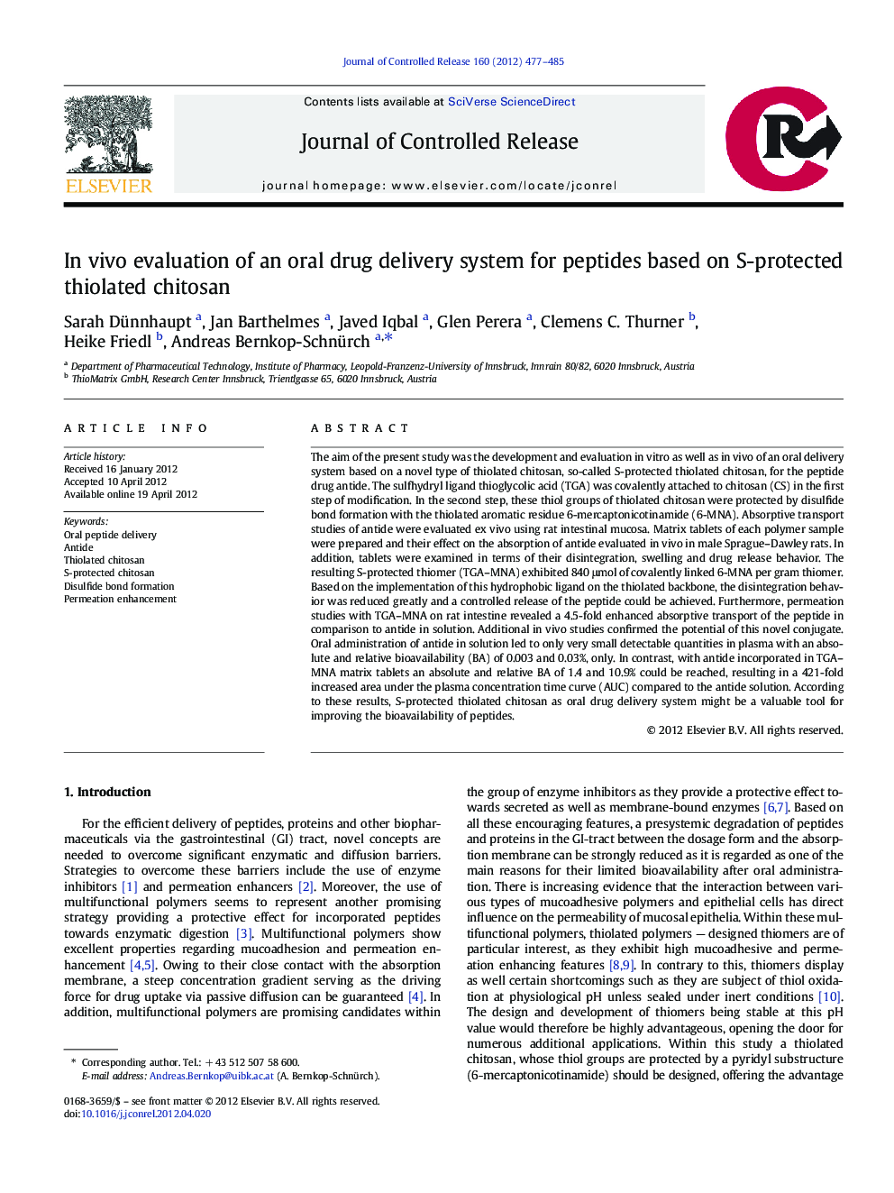 In vivo evaluation of an oral drug delivery system for peptides based on S-protected thiolated chitosan