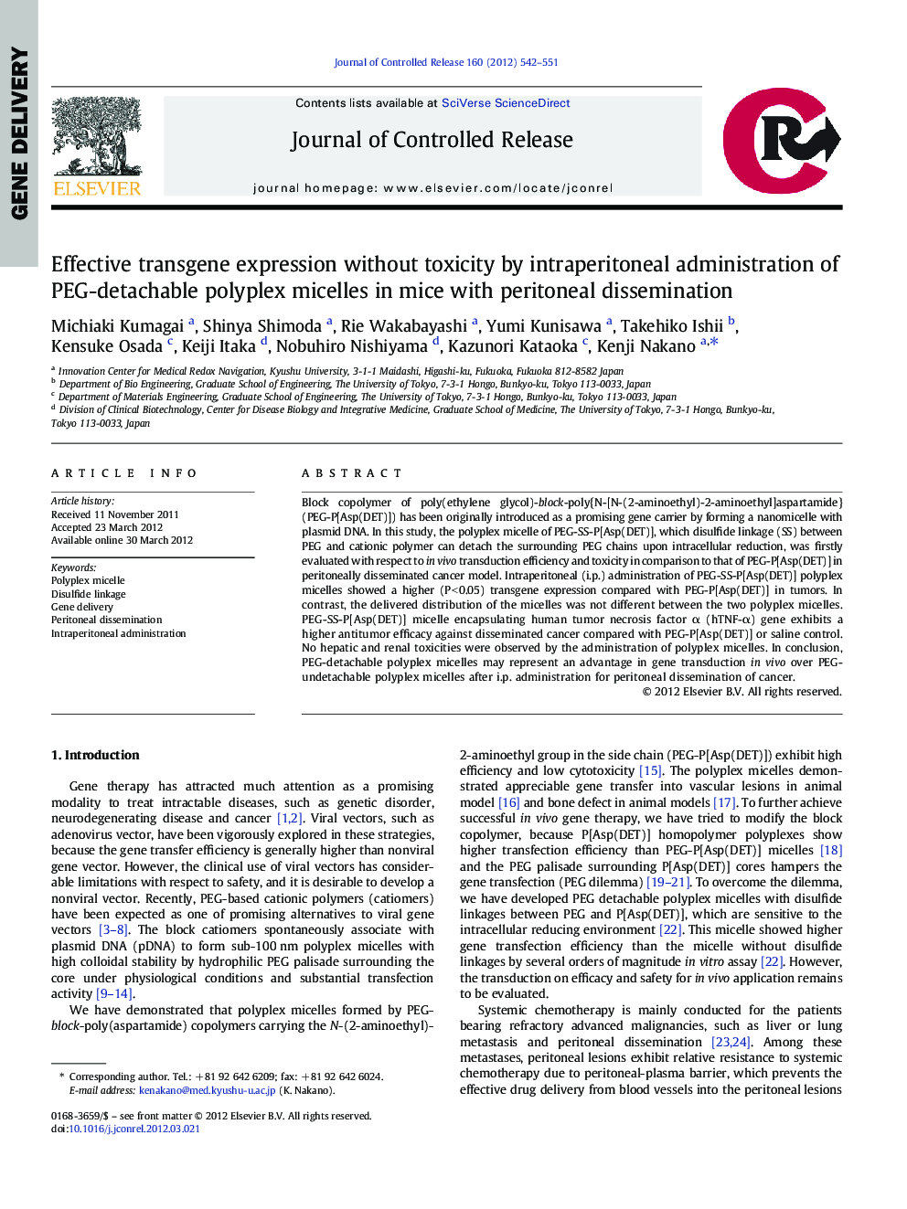 Effective transgene expression without toxicity by intraperitoneal administration of PEG-detachable polyplex micelles in mice with peritoneal dissemination