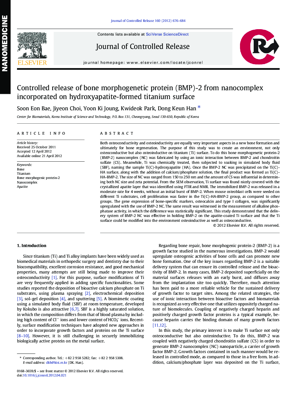 Controlled release of bone morphogenetic protein (BMP)-2 from nanocomplex incorporated on hydroxyapatite-formed titanium surface