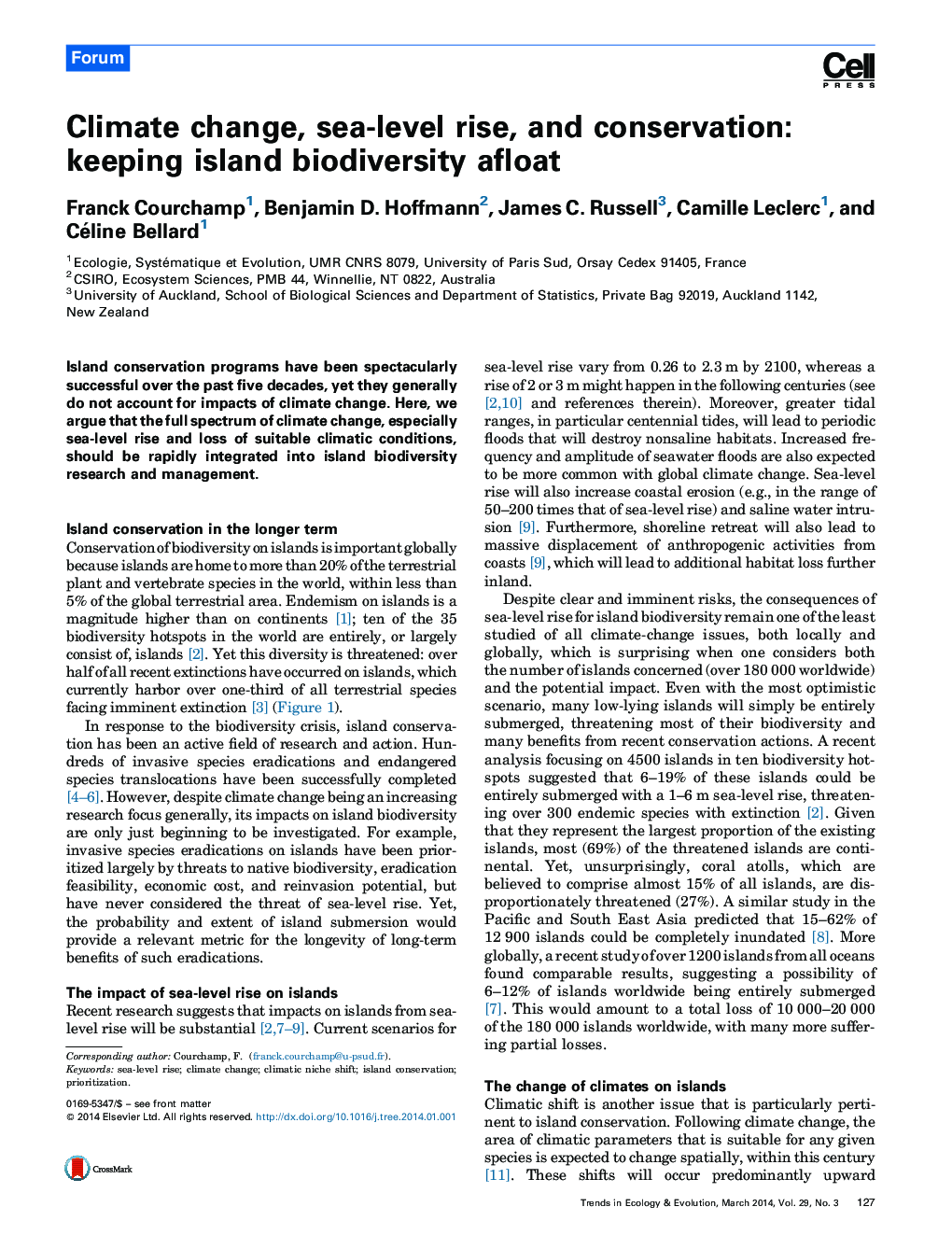 Climate change, sea-level rise, and conservation: keeping island biodiversity afloat