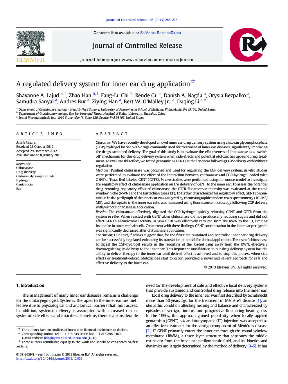 A regulated delivery system for inner ear drug application 