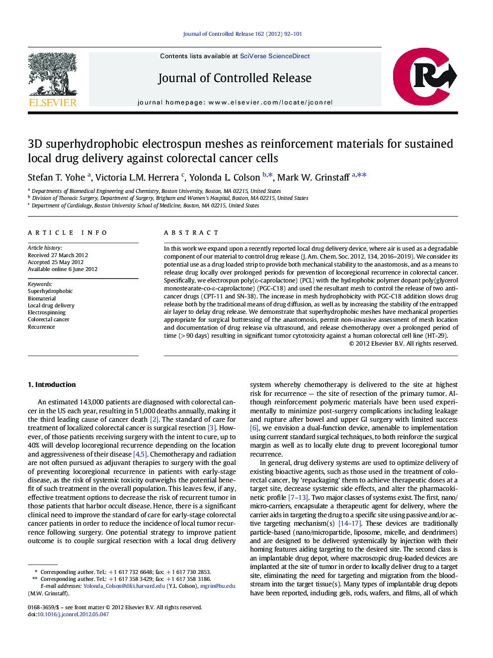 3D superhydrophobic electrospun meshes as reinforcement materials for sustained local drug delivery against colorectal cancer cells