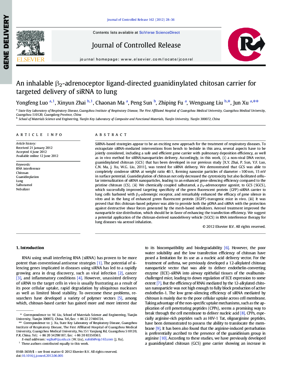 An inhalable β2-adrenoceptor ligand-directed guanidinylated chitosan carrier for targeted delivery of siRNA to lung