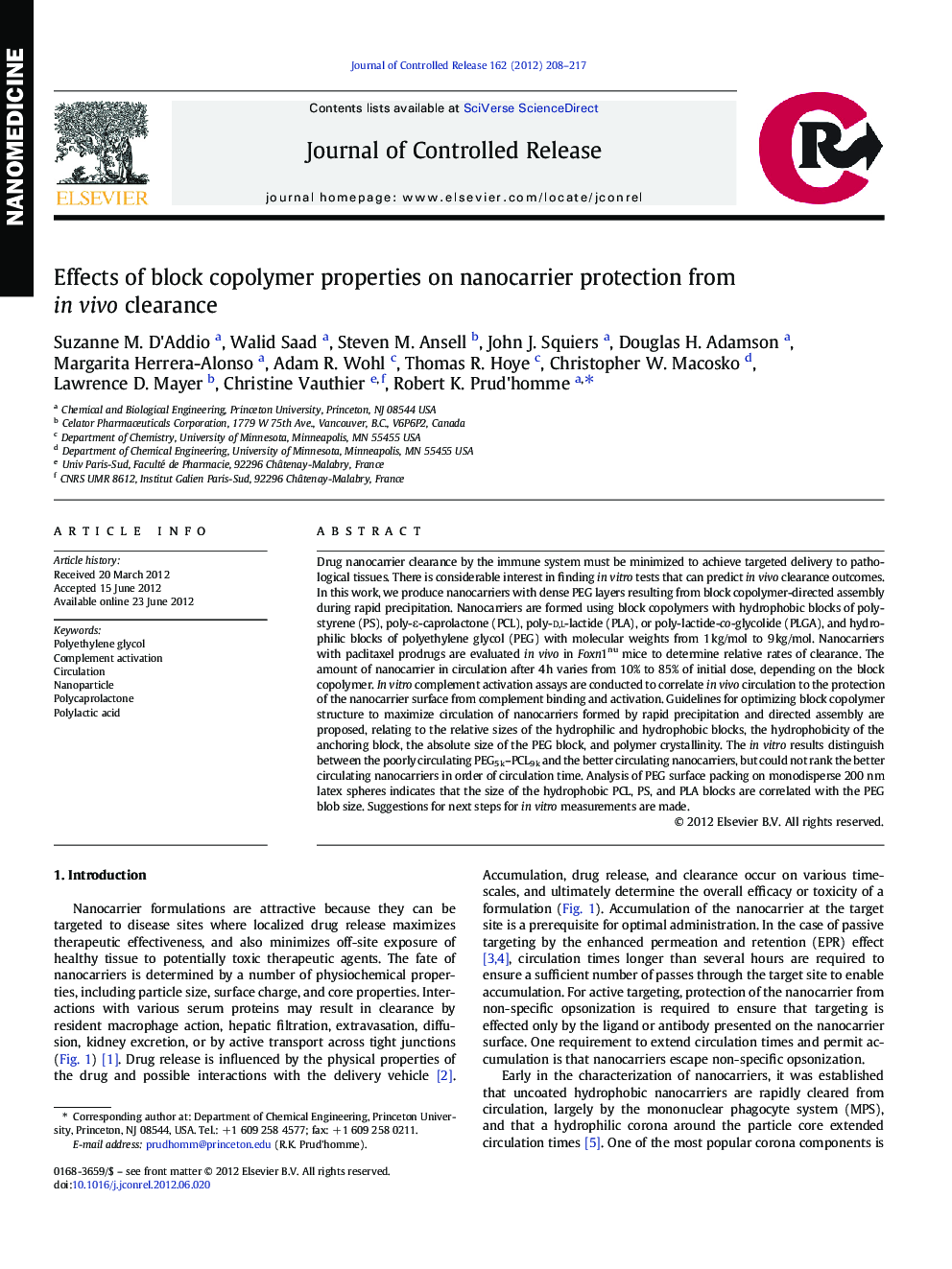 Effects of block copolymer properties on nanocarrier protection from in vivo clearance