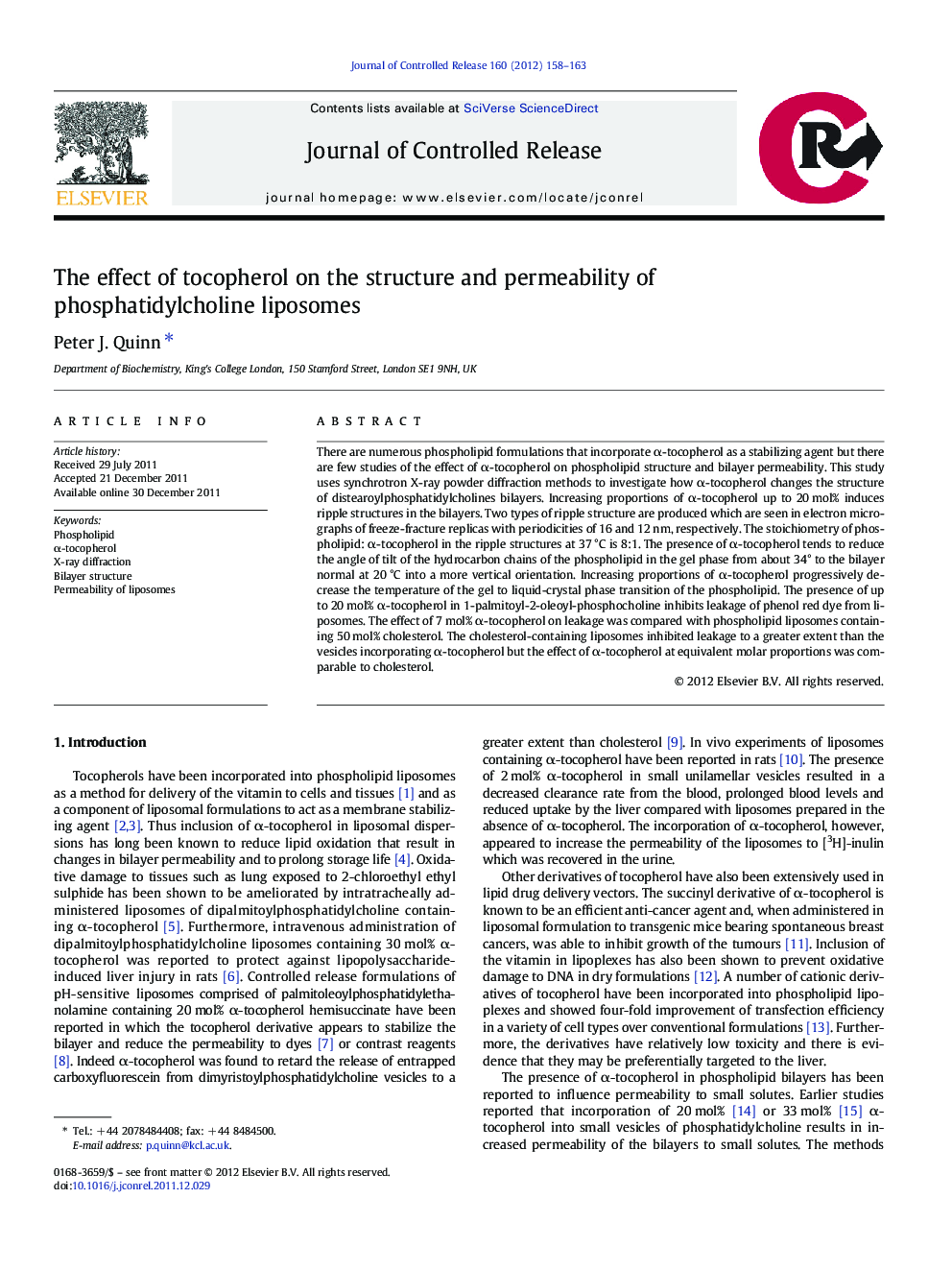 The effect of tocopherol on the structure and permeability of phosphatidylcholine liposomes