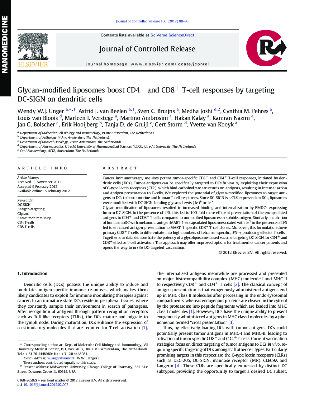 Glycan-modified liposomes boost CD4+ and CD8+ T-cell responses by targeting DC-SIGN on dendritic cells