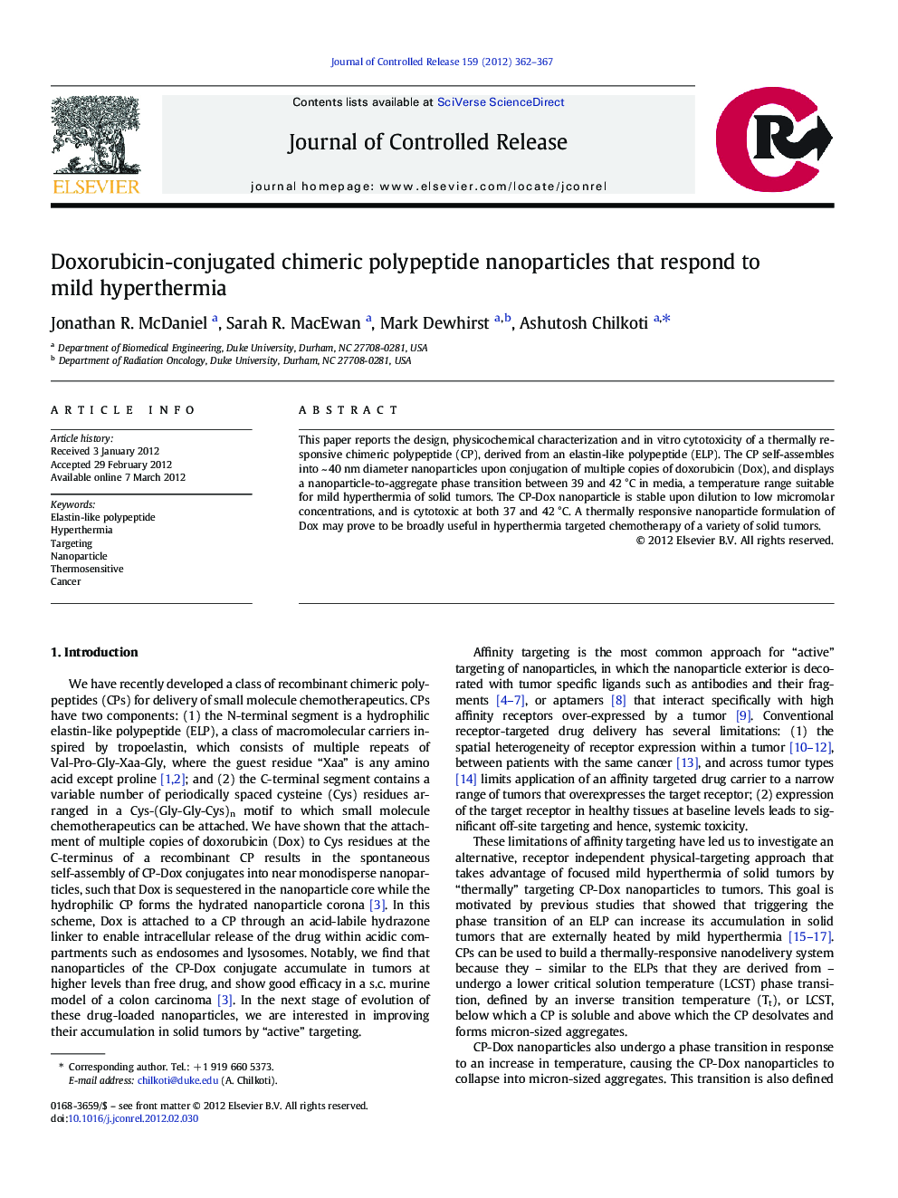 Doxorubicin-conjugated chimeric polypeptide nanoparticles that respond to mild hyperthermia