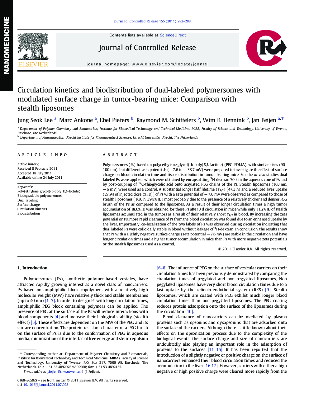 Circulation kinetics and biodistribution of dual-labeled polymersomes with modulated surface charge in tumor-bearing mice: Comparison with stealth liposomes