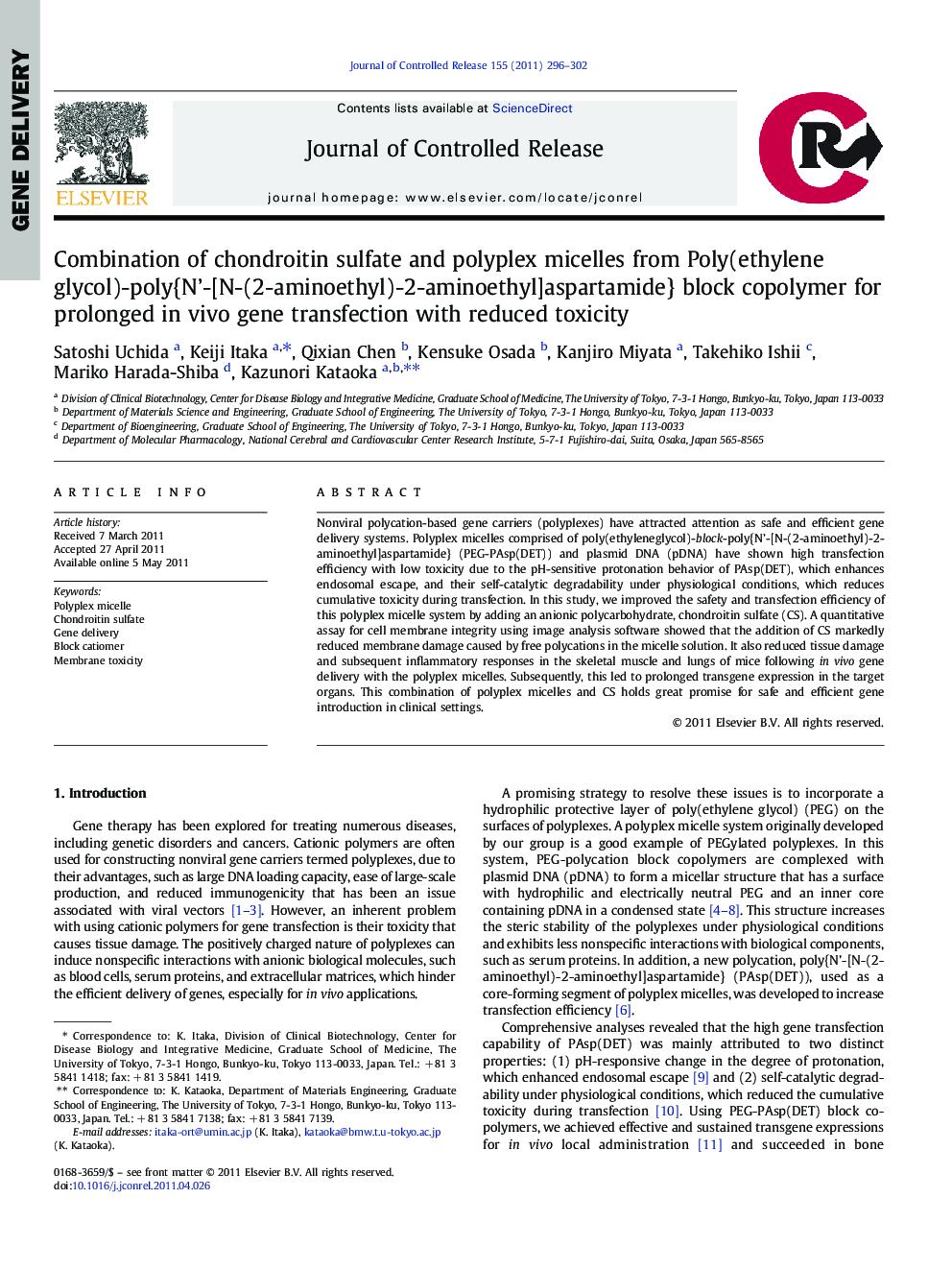 Combination of chondroitin sulfate and polyplex micelles from Poly(ethylene glycol)-poly{N’-[N-(2-aminoethyl)-2-aminoethyl]aspartamide} block copolymer for prolonged in vivo gene transfection with reduced toxicity