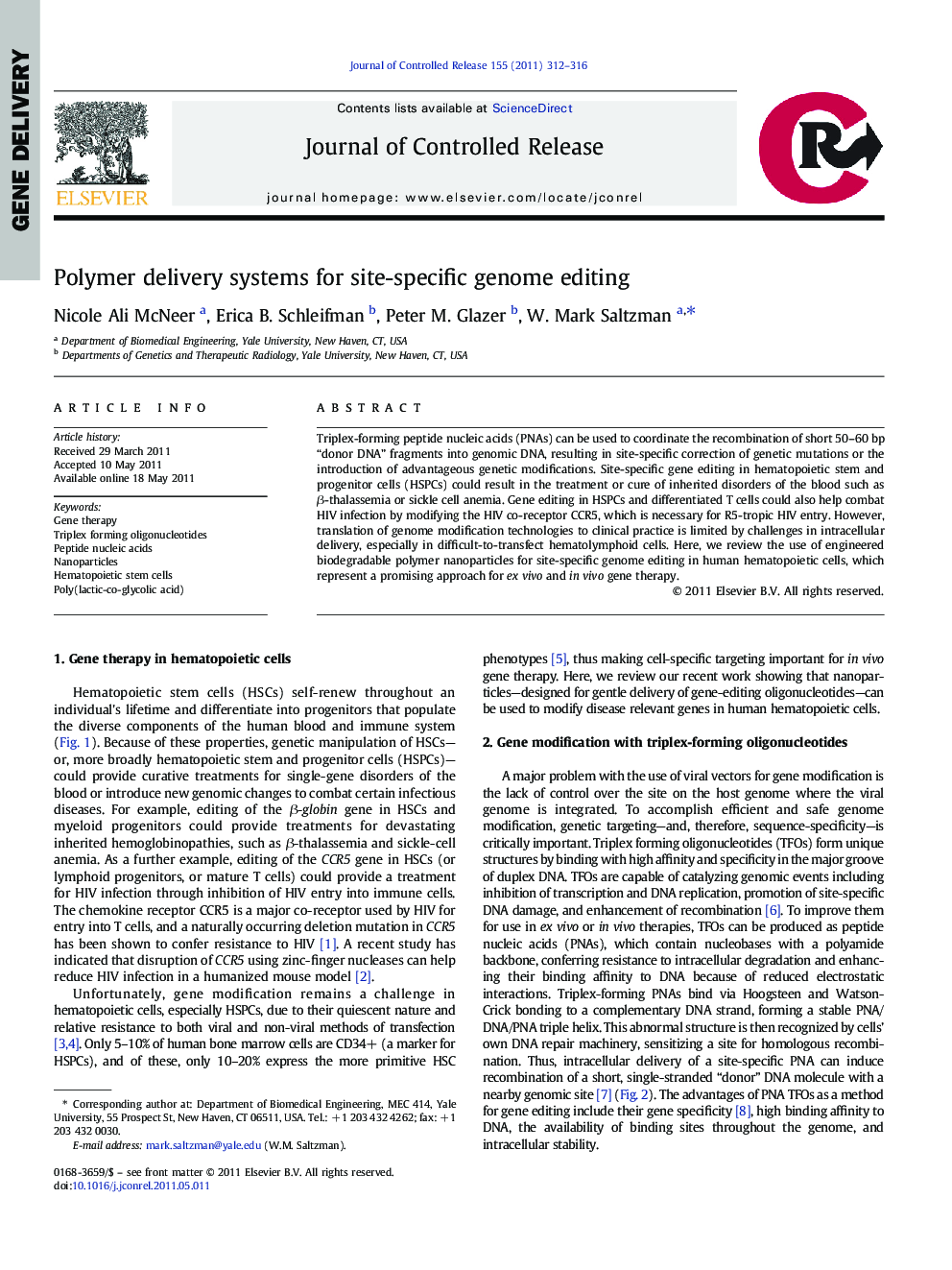 Polymer delivery systems for site-specific genome editing