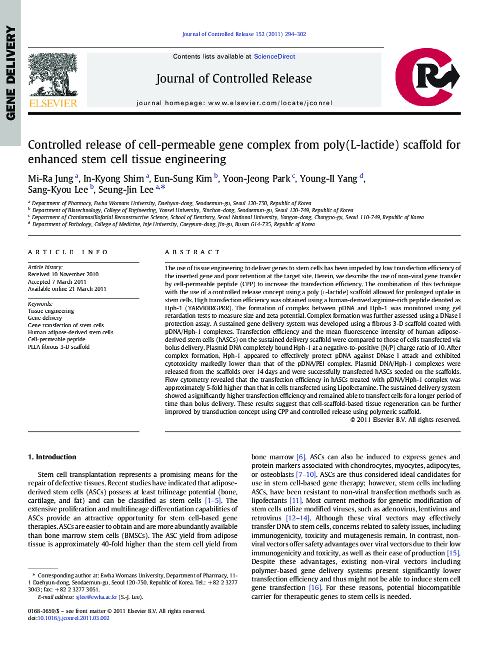 Controlled release of cell-permeable gene complex from poly(L-lactide) scaffold for enhanced stem cell tissue engineering