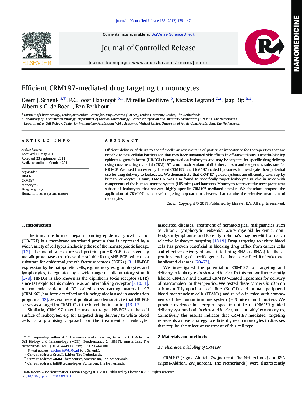 Efficient CRM197-mediated drug targeting to monocytes