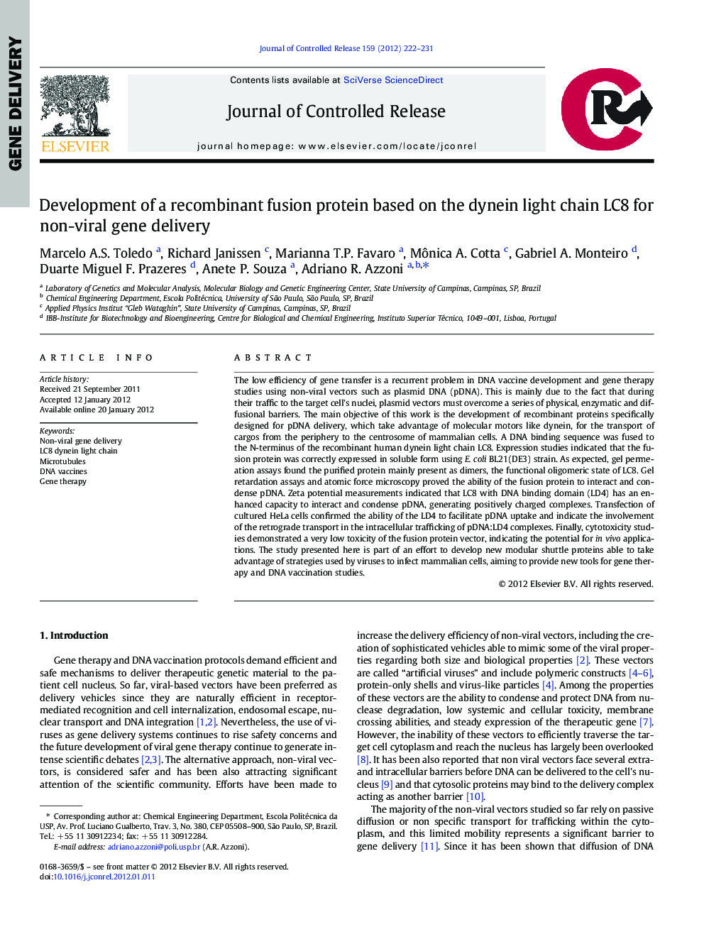 Development of a recombinant fusion protein based on the dynein light chain LC8 for non-viral gene delivery