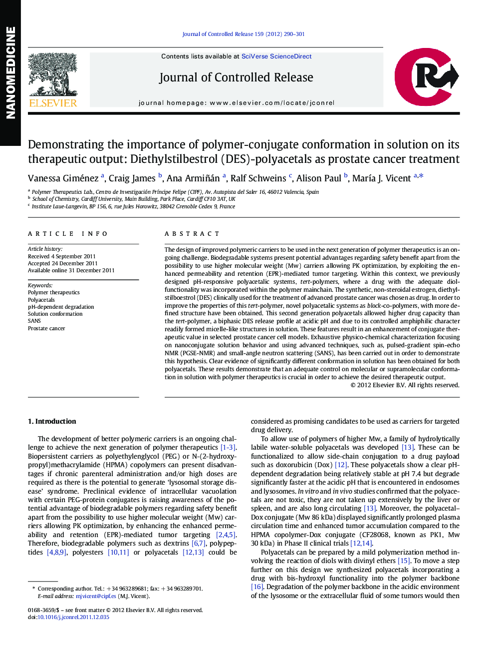 Demonstrating the importance of polymer-conjugate conformation in solution on its therapeutic output: Diethylstilbestrol (DES)-polyacetals as prostate cancer treatment