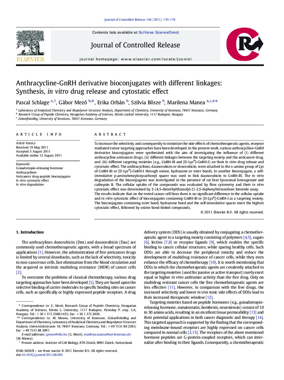 Anthracycline-GnRH derivative bioconjugates with different linkages: Synthesis, in vitro drug release and cytostatic effect