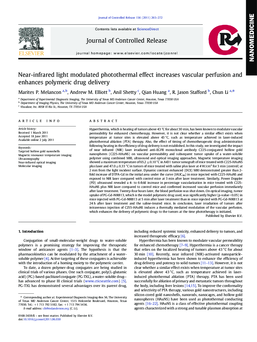 Near-infrared light modulated photothermal effect increases vascular perfusion and enhances polymeric drug delivery