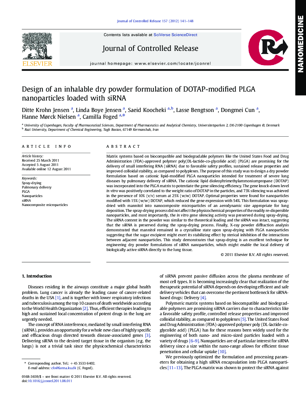 Design of an inhalable dry powder formulation of DOTAP-modified PLGA nanoparticles loaded with siRNA