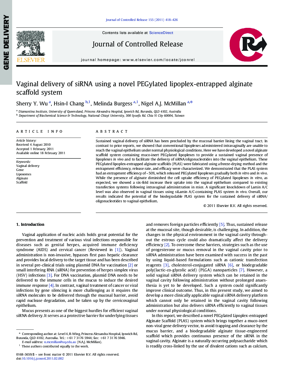 Vaginal delivery of siRNA using a novel PEGylated lipoplex-entrapped alginate scaffold system