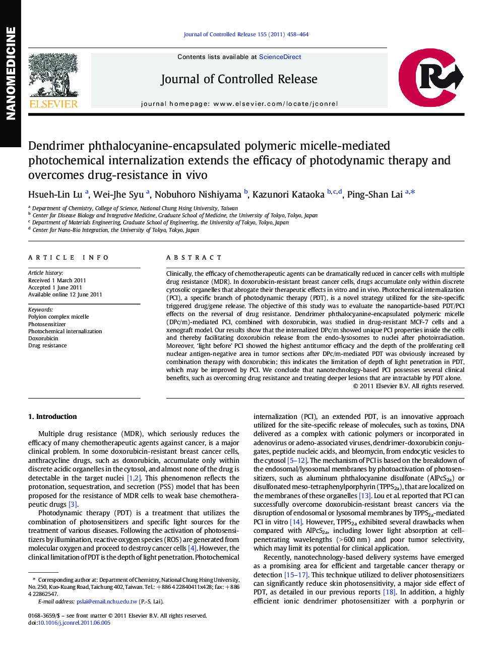 Dendrimer phthalocyanine-encapsulated polymeric micelle-mediated photochemical internalization extends the efficacy of photodynamic therapy and overcomes drug-resistance in vivo