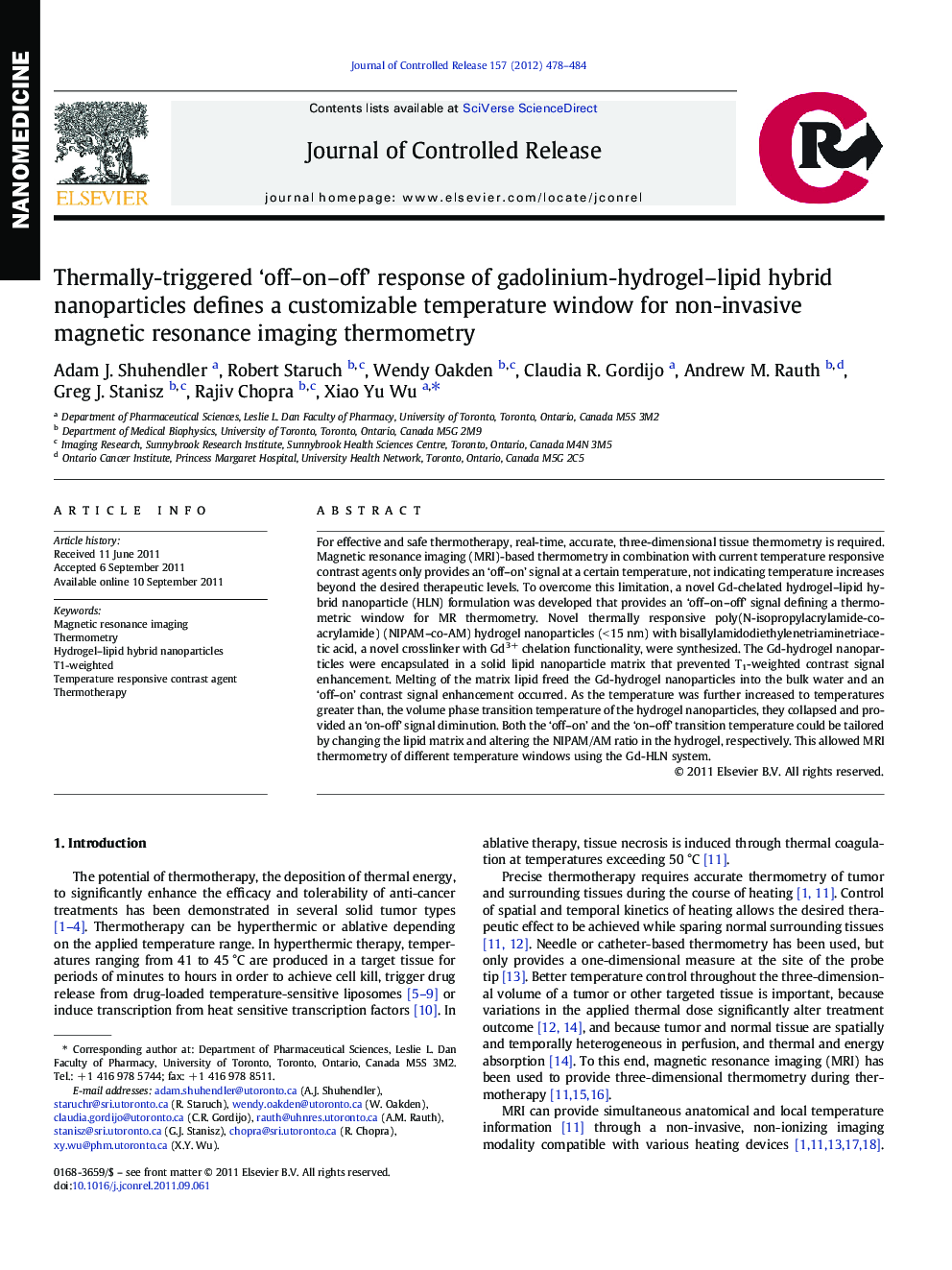 Thermally-triggered ‘off–on–off’ response of gadolinium-hydrogel–lipid hybrid nanoparticles defines a customizable temperature window for non-invasive magnetic resonance imaging thermometry