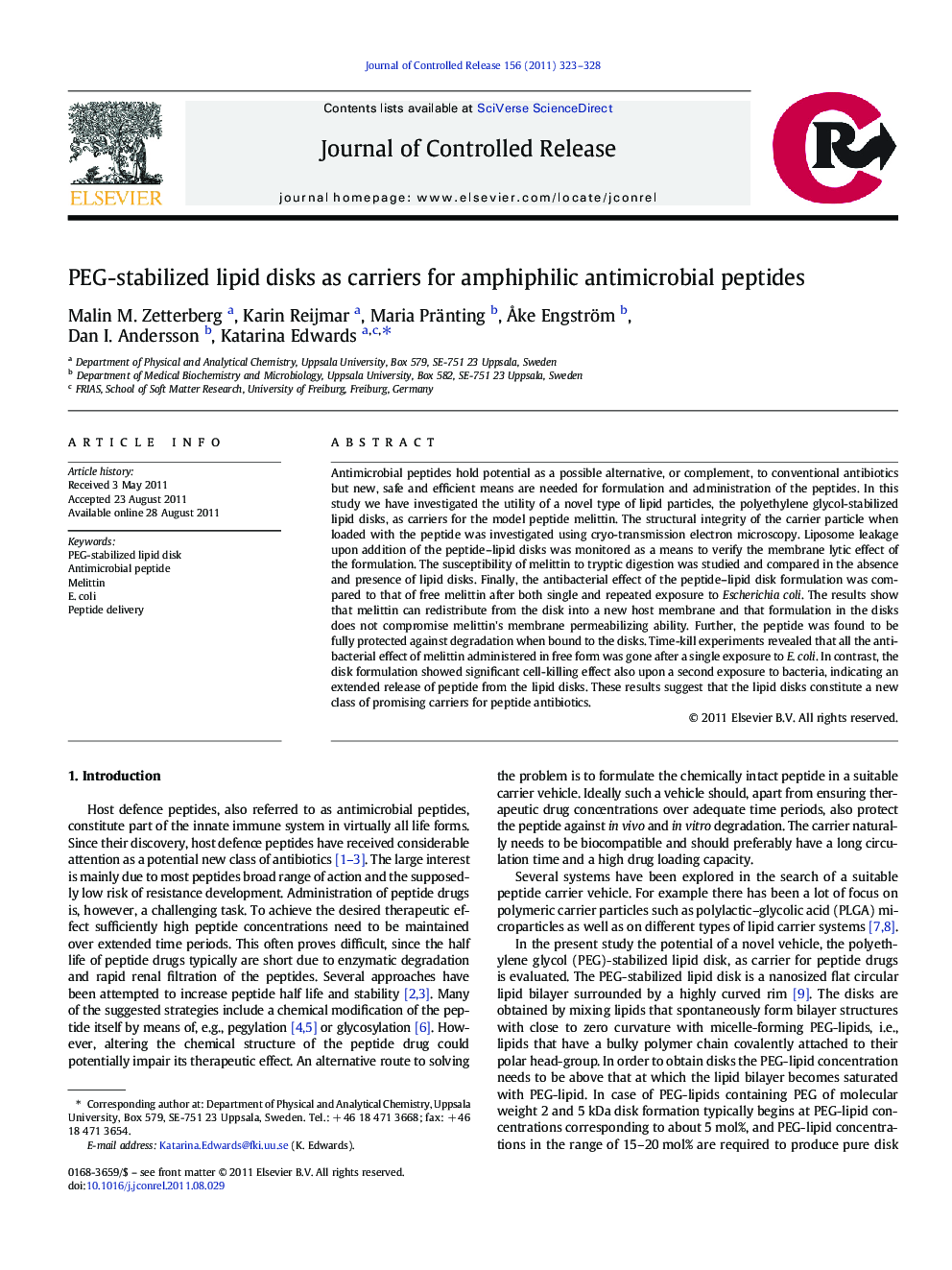 PEG-stabilized lipid disks as carriers for amphiphilic antimicrobial peptides