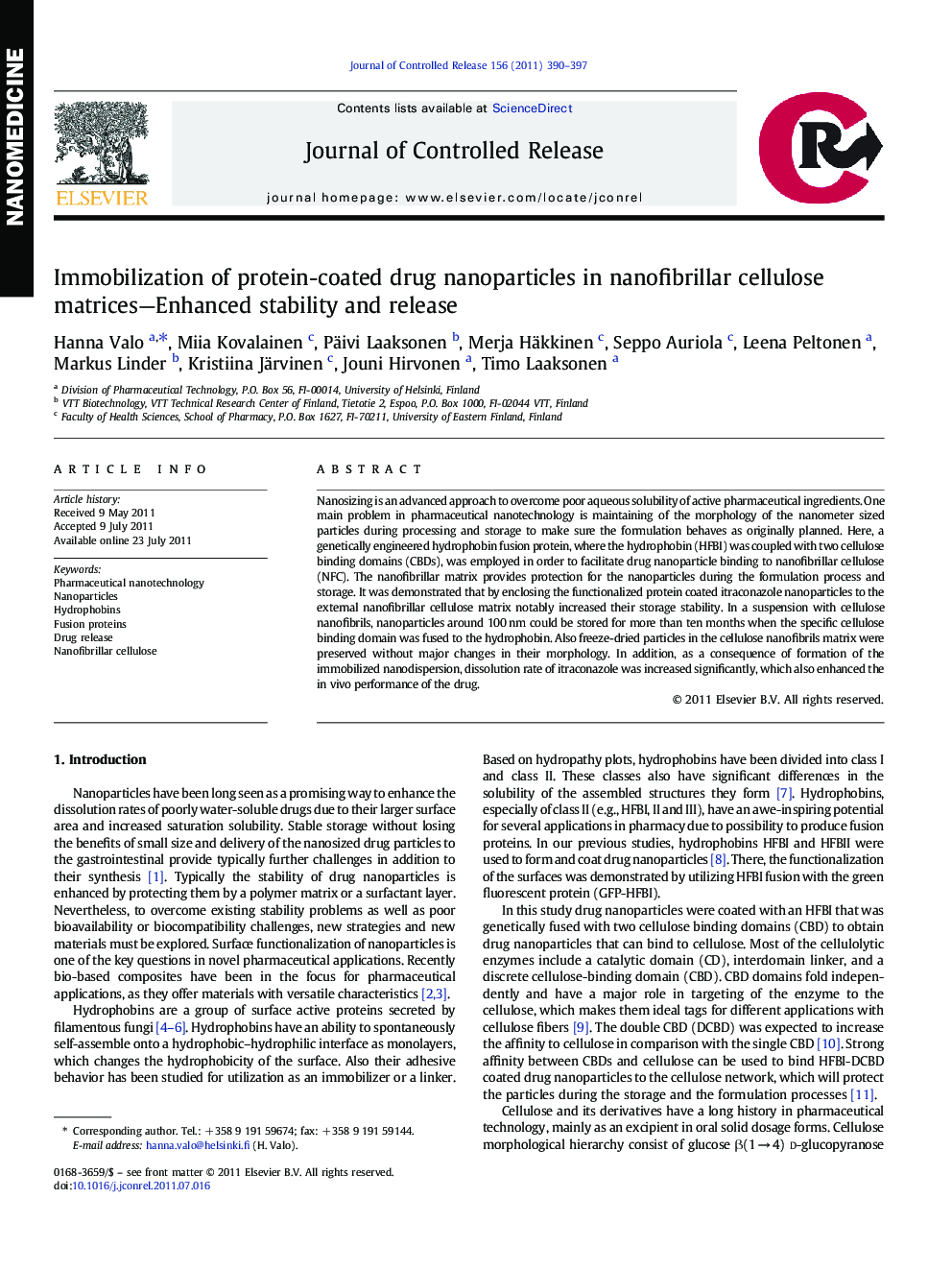 Immobilization of protein-coated drug nanoparticles in nanofibrillar cellulose matrices—Enhanced stability and release