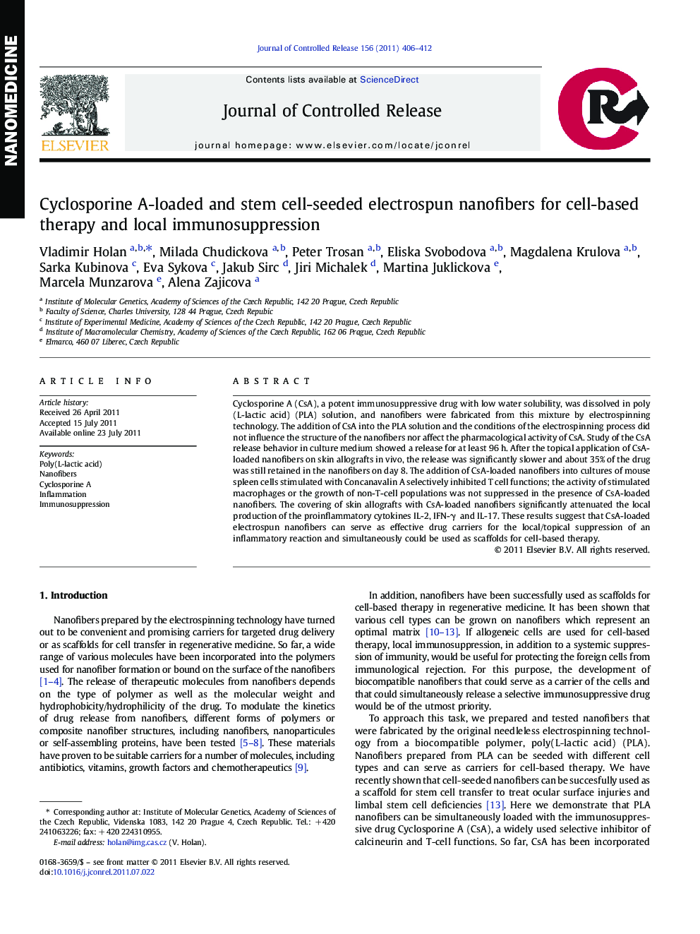 Cyclosporine A-loaded and stem cell-seeded electrospun nanofibers for cell-based therapy and local immunosuppression