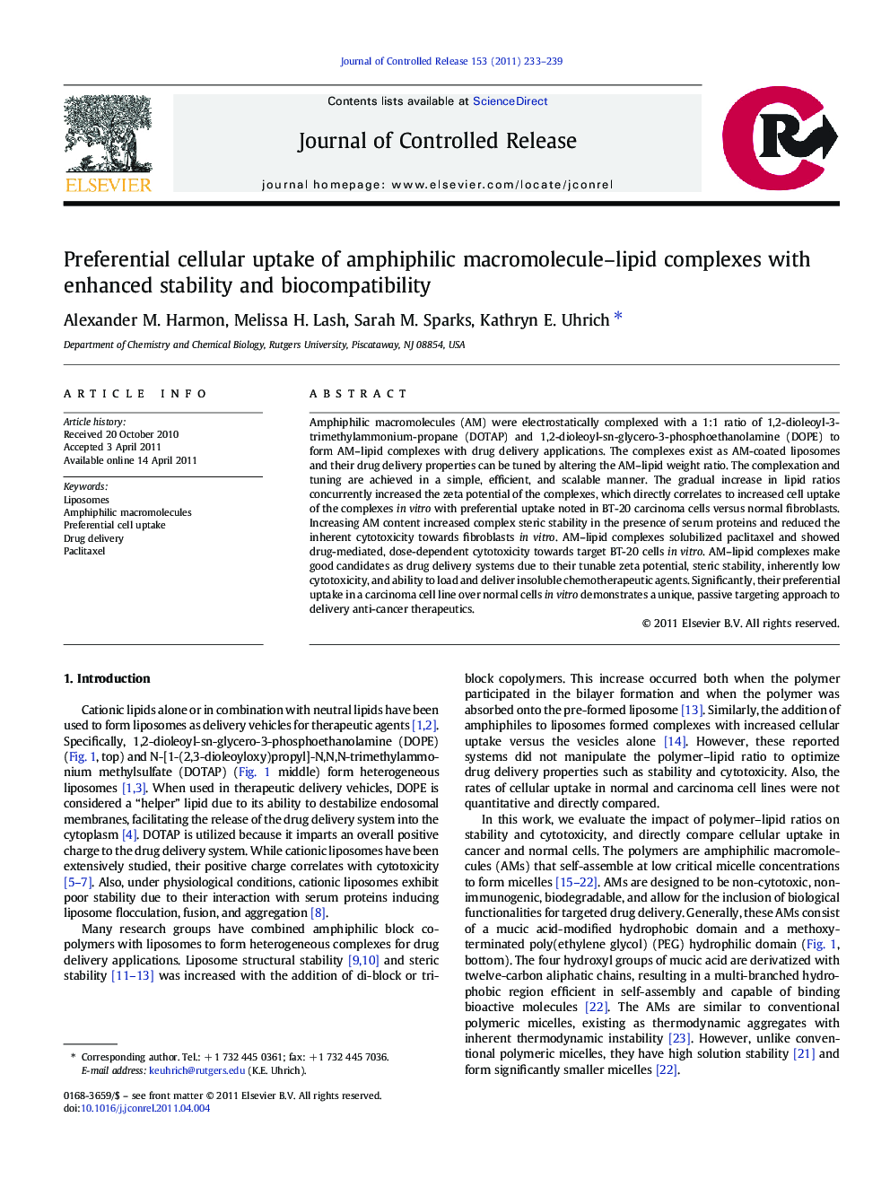 Preferential cellular uptake of amphiphilic macromolecule–lipid complexes with enhanced stability and biocompatibility