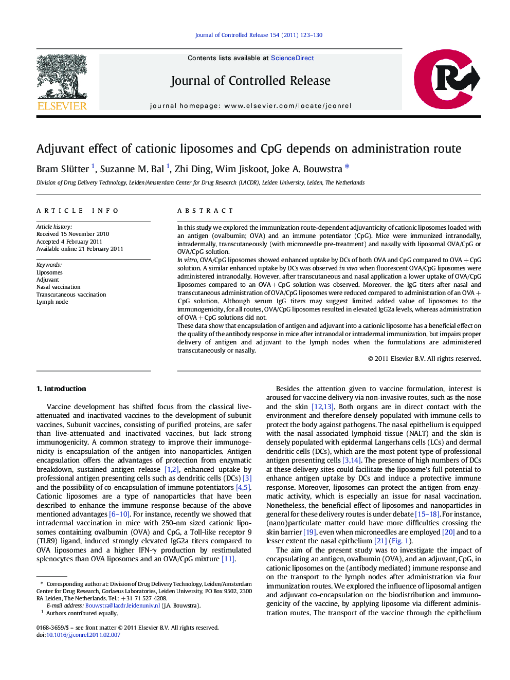 Adjuvant effect of cationic liposomes and CpG depends on administration route