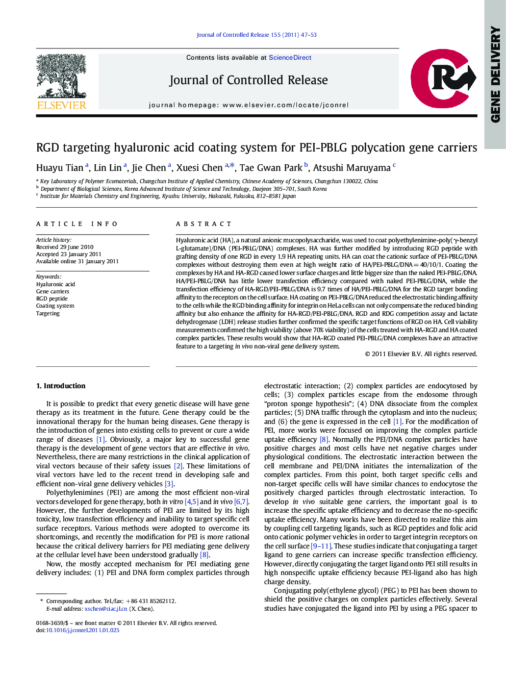 RGD targeting hyaluronic acid coating system for PEI-PBLG polycation gene carriers