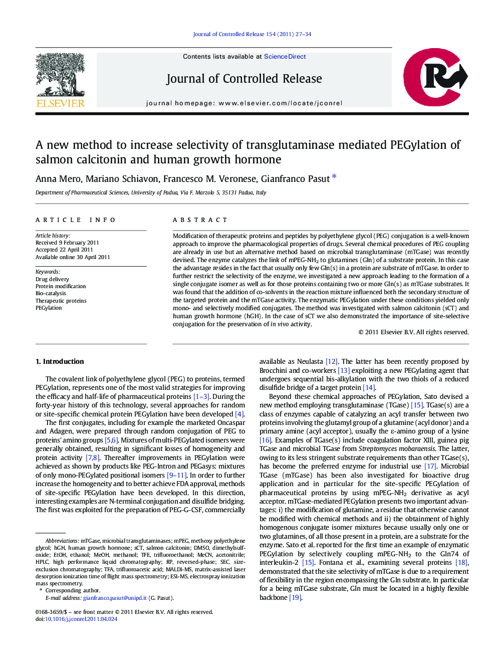 A new method to increase selectivity of transglutaminase mediated PEGylation of salmon calcitonin and human growth hormone