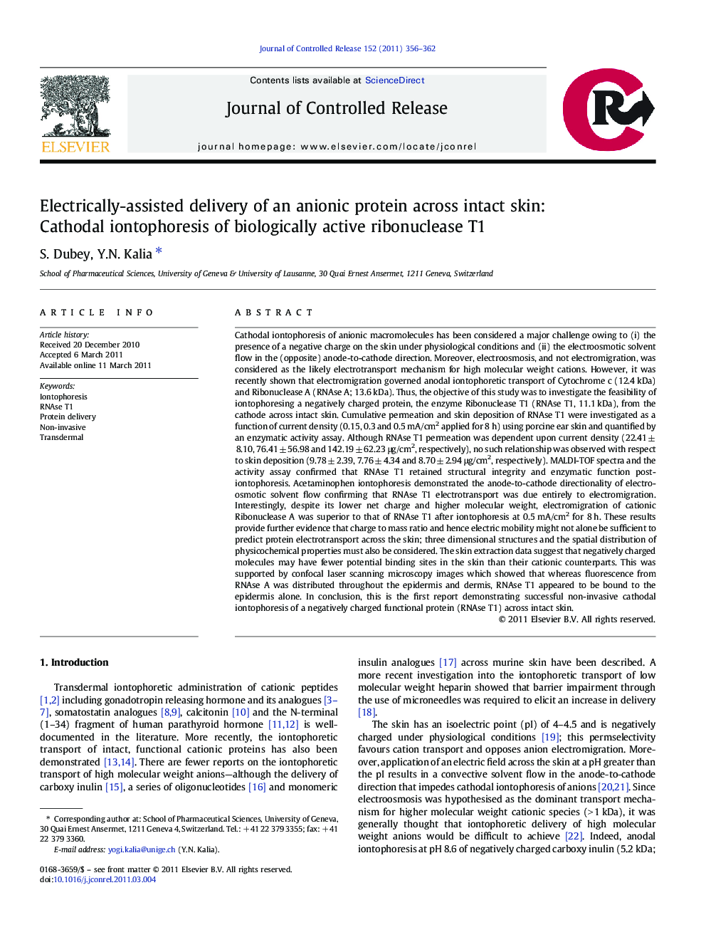 Electrically-assisted delivery of an anionic protein across intact skin: Cathodal iontophoresis of biologically active ribonuclease T1