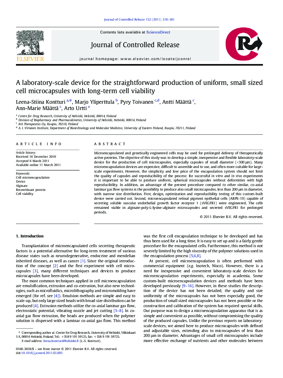 A laboratory-scale device for the straightforward production of uniform, small sized cell microcapsules with long-term cell viability