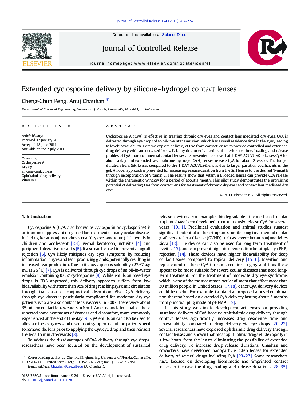 Extended cyclosporine delivery by silicone–hydrogel contact lenses