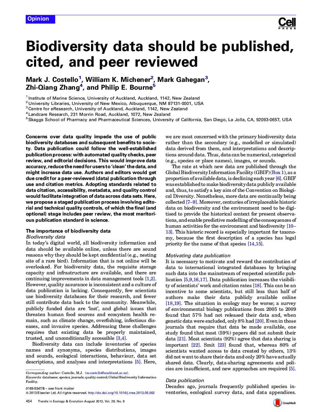 Biodiversity data should be published, cited, and peer reviewed