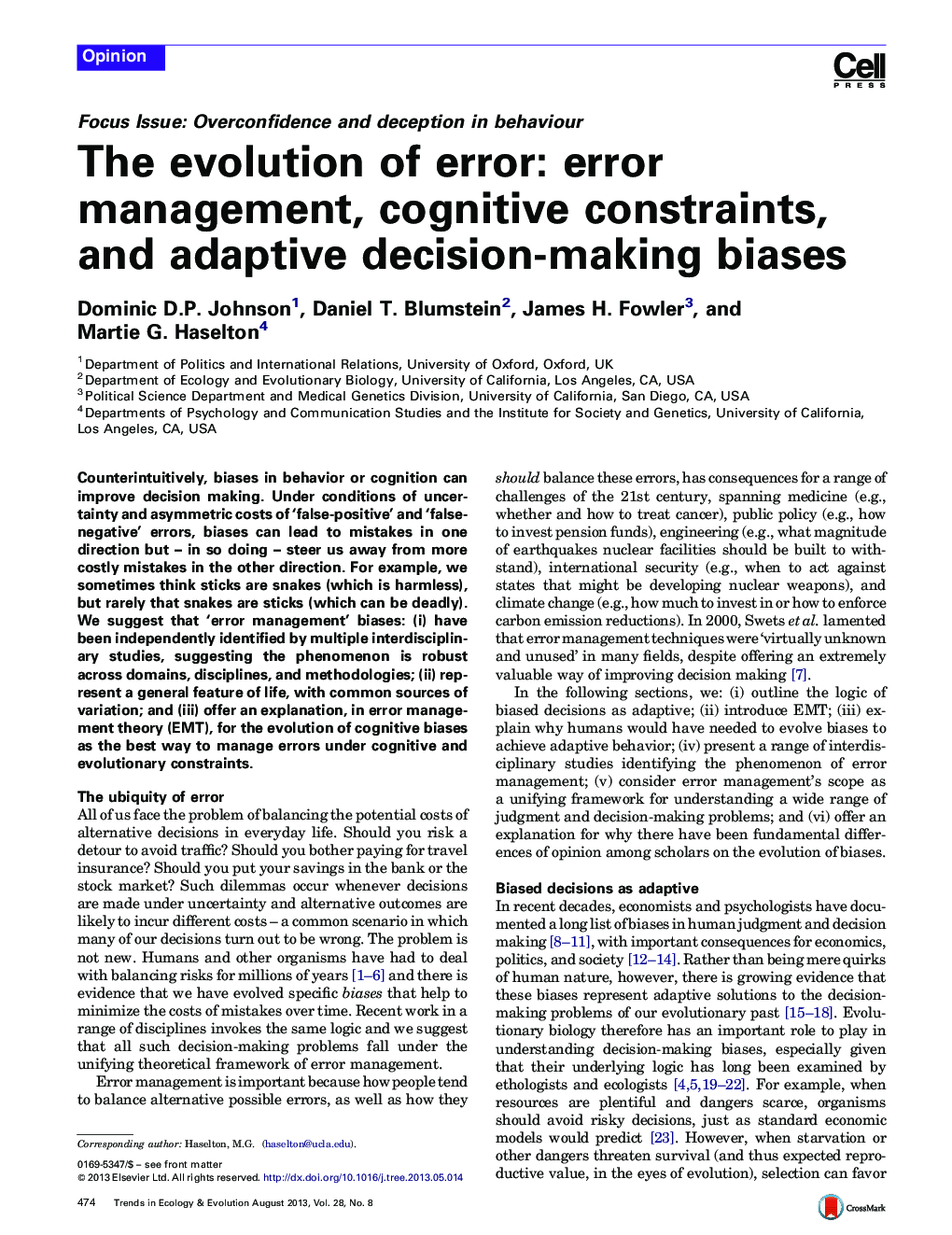 The evolution of error: error management, cognitive constraints, and adaptive decision-making biases