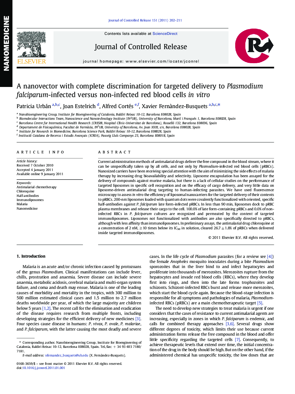 A nanovector with complete discrimination for targeted delivery to Plasmodium falciparum-infected versus non-infected red blood cells in vitro