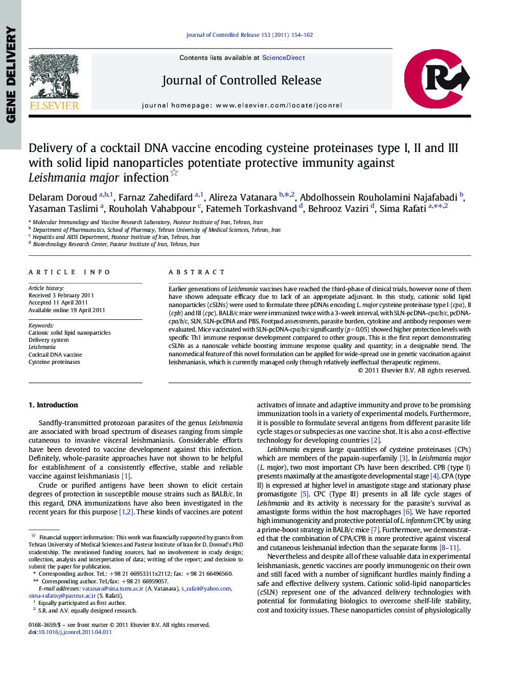 Delivery of a cocktail DNA vaccine encoding cysteine proteinases type I, II and III with solid lipid nanoparticles potentiate protective immunity against Leishmania major infection 