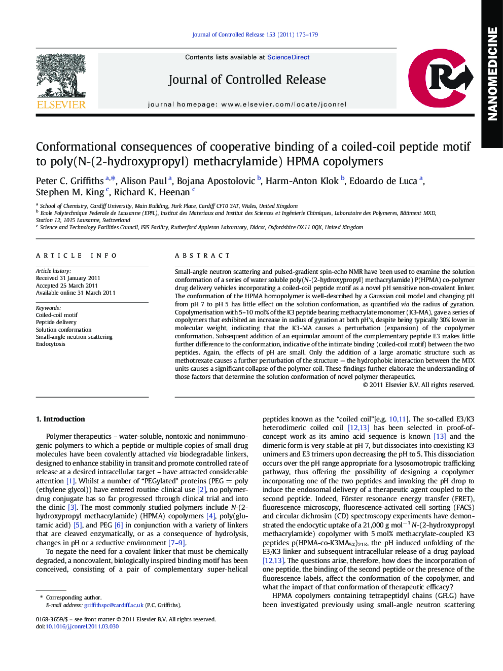 Conformational consequences of cooperative binding of a coiled-coil peptide motif to poly(N-(2-hydroxypropyl) methacrylamide) HPMA copolymers