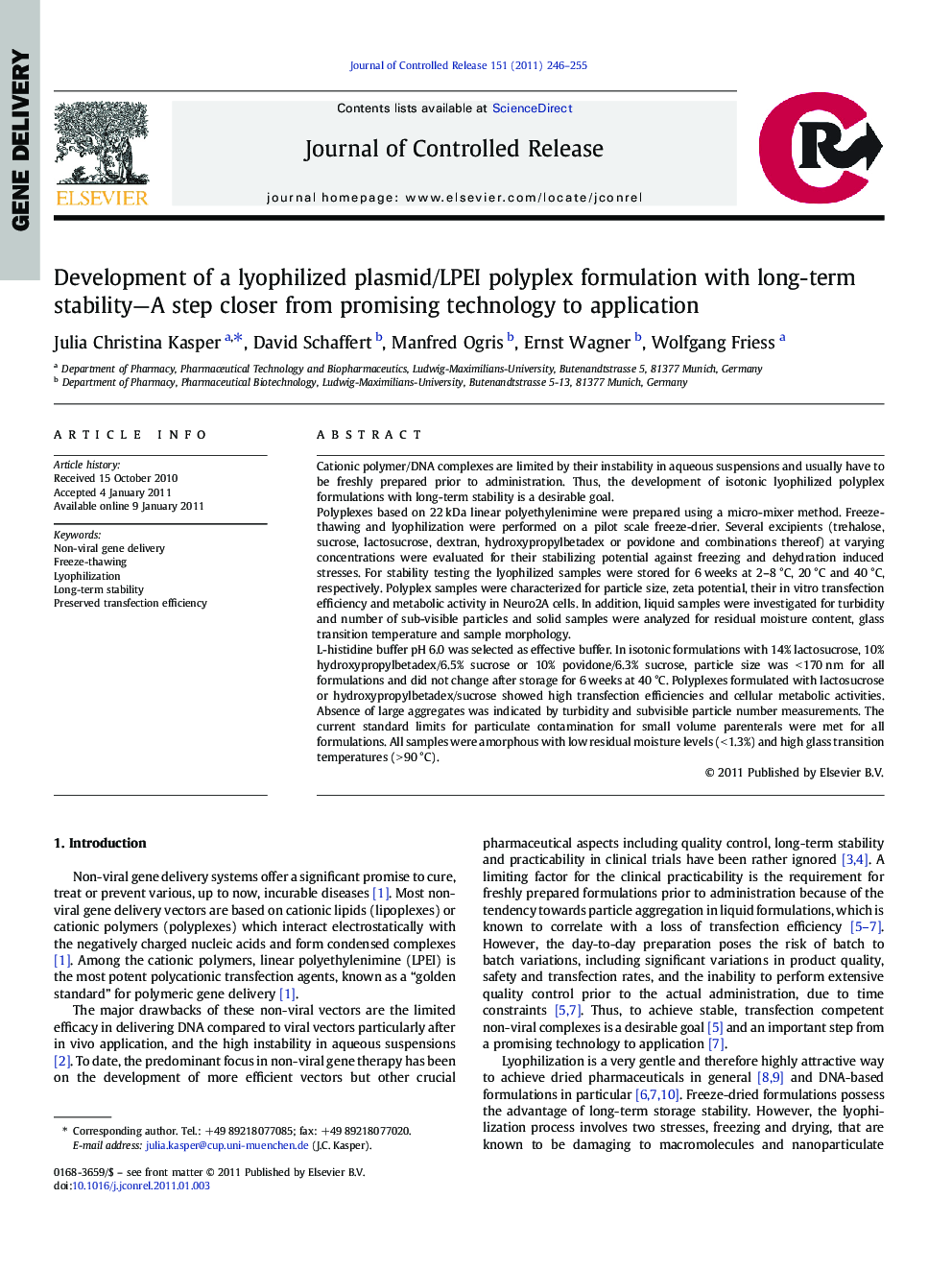 Development of a lyophilized plasmid/LPEI polyplex formulation with long-term stability—A step closer from promising technology to application