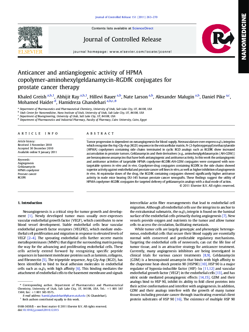 Anticancer and antiangiogenic activity of HPMA copolymer-aminohexylgeldanamycin-RGDfK conjugates for prostate cancer therapy