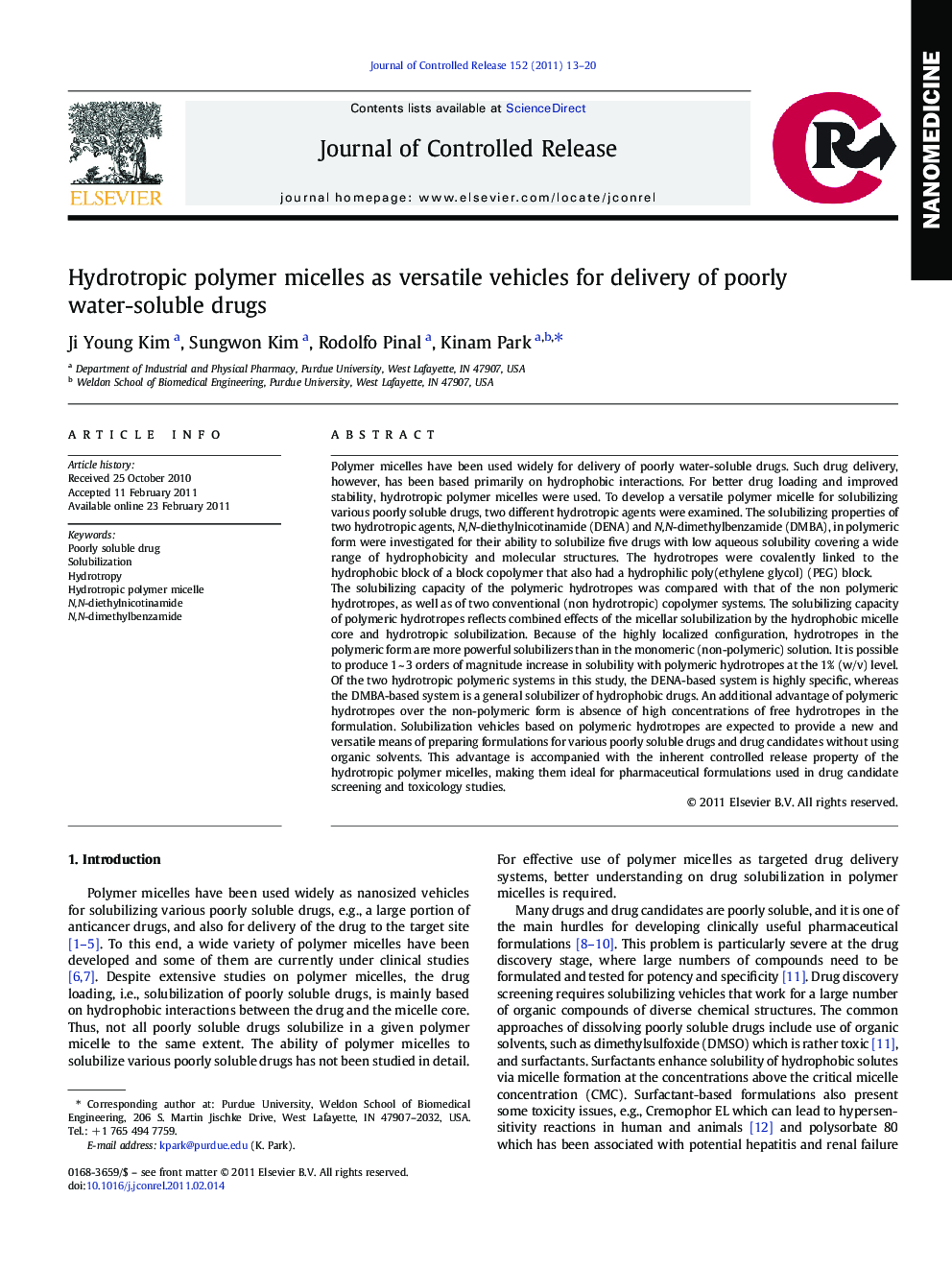 Hydrotropic polymer micelles as versatile vehicles for delivery of poorly water-soluble drugs